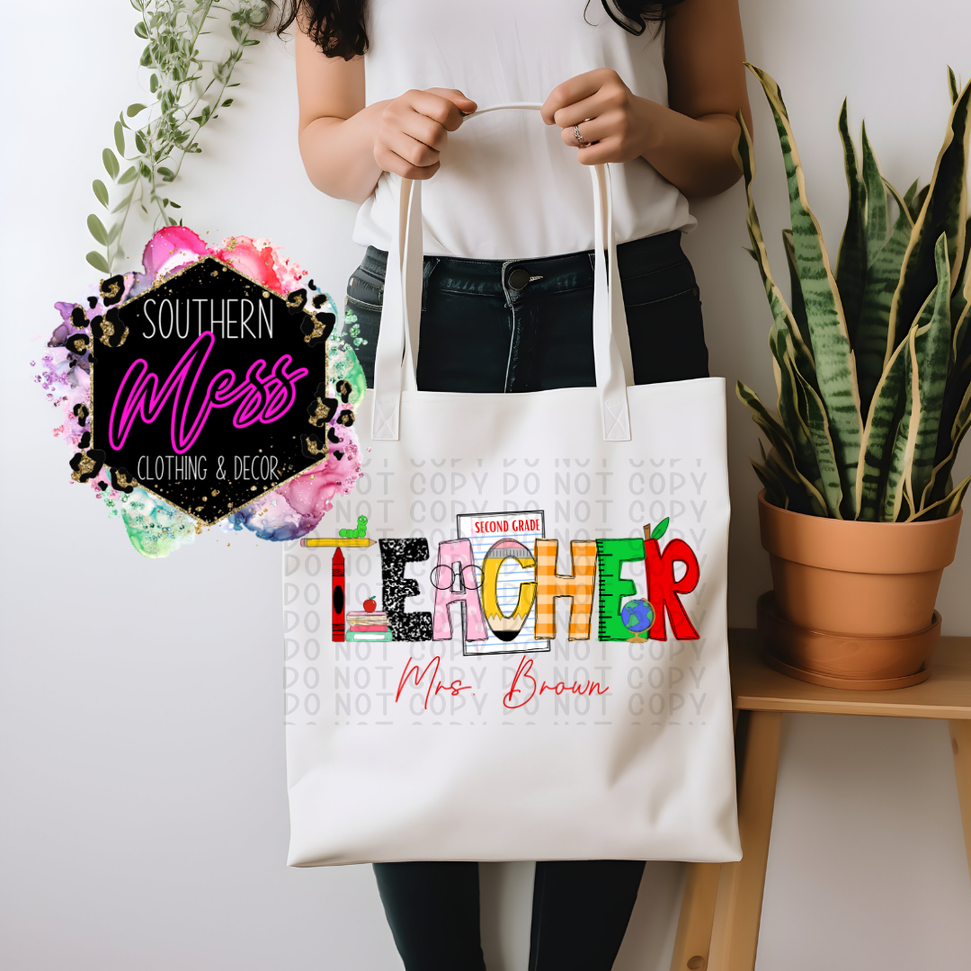 Teacher Tote Bag Personalized Name and Grade